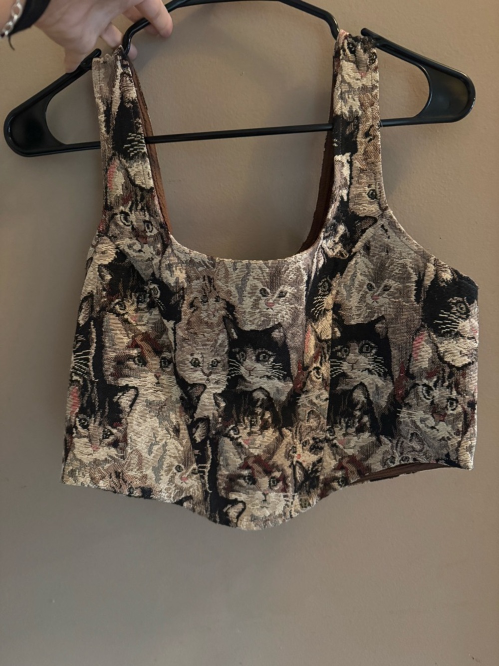 Cat Pattern Tapestry Crop Top - Beige & Black